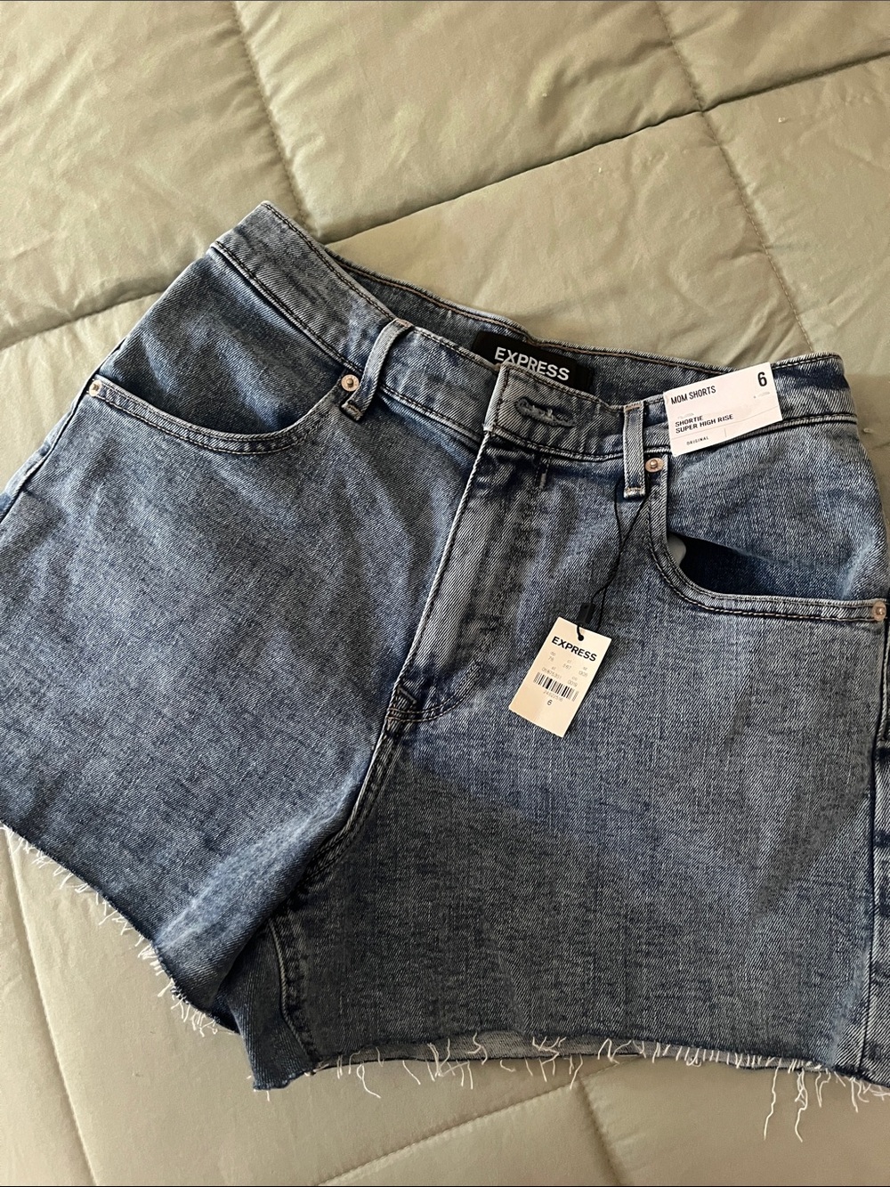 Express Medium Wash Frayed Hem Denim Shorts